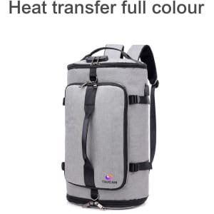 A grey convertible bucket backpack duffel bag with multiple compartments and a logo displayed on the front.