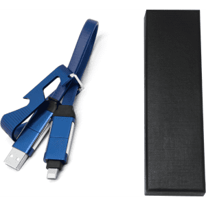 A blue charging cable with an opener and phone stand, packaged in a sleek black box.