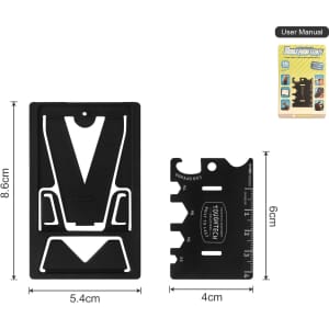 A black multi-function phone stand with measurements and a user manual in the background.
