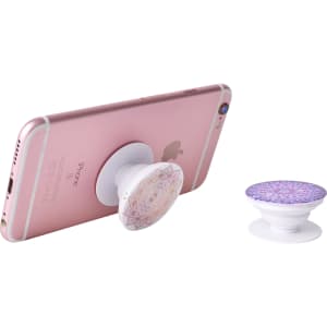 A mobile phone with a white and purple patterned pop holder attached, alongside a matching pop holder.