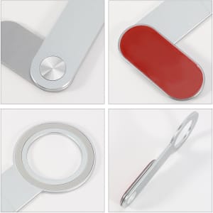 A silver and red magnetic phone holder with a sleek design, featuring multiple angles showcasing its components.