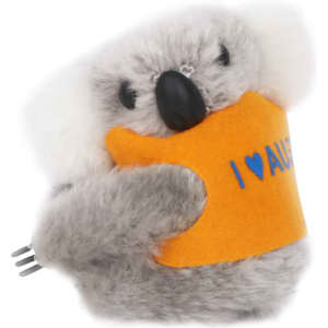 A grey koala plush toy wearing an orange felt vest with blue text, showcasing its cute features.