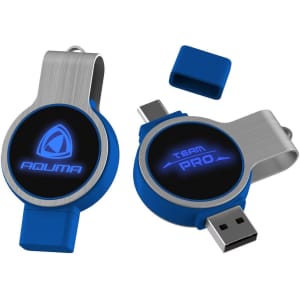 A double-ended swivel flash drive in blue and silver, featuring a logo on both sides.