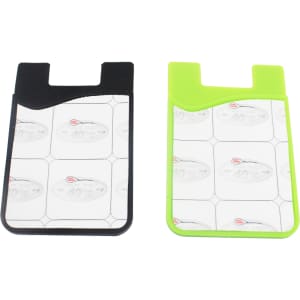 A black and a green smart wallet, designed to attach to phones, with a screen wipe feature.