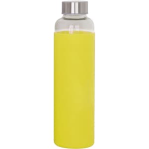 A drink bottle featuring a clear glass body with a bright yellow silicone sleeve and a stainless steel lid.