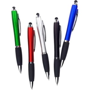 A collection of five stylus pens in green, red, silver, blue, and black, featuring a sleek design and grip.