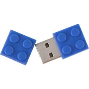 A blue brick-shaped flash drive with two connecting pieces and a metallic USB connector. It features a logo.