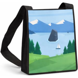 A black crossbody bag featuring a scenic illustration of mountains, water, and trees. It has a logo on the front.