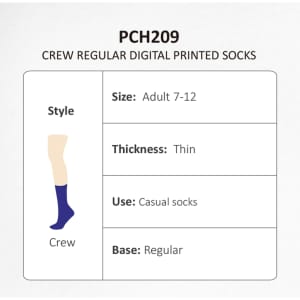 Crew Regular Digital Printed Socks in blue, suitable for adults sized 7-12, featuring a thin and regular design.