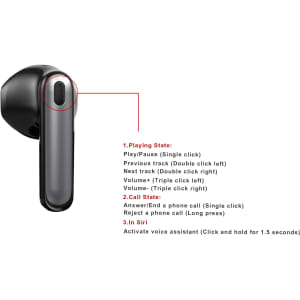 Wireless earbuds in black with a button for controls and a logo on the side.