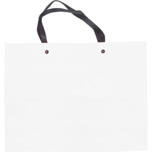 A white knitted handle bag with black straps, featuring a smooth lamination finish. It has a simple design and no visible branding.
