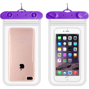 A waterproof mobile pouch in clear plastic with purple accents, showcasing a smartphone inside and outside.