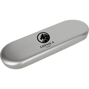 A silver tin with a black foam insert, featuring a logo on the lid. Suitable for pen packaging.