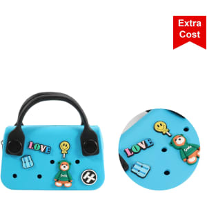 A mini handbag in blue featuring various colourful embellishments and a logo. Two handles are visible on top.