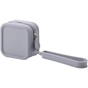A square, grey silicone coin pouch with a zip closure and a handy wrist strap.