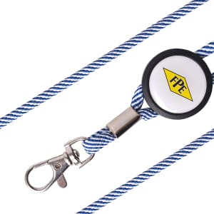 A blue and white lanyard featuring a clip and a circular branding piece.
