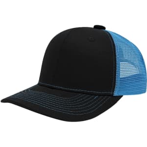 A black trucker hat with a blue mesh back, featuring a structured front and contrasting stitching.
