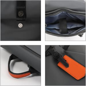 A grey Flap Laptop Backpack featuring a black strap, orange accent, and interior compartments. Includes a logo.