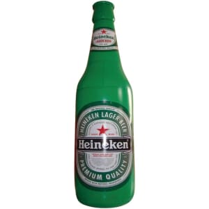 A green inflatable beer bottle with a label featuring brand markings, resembling a traditional beer bottle.