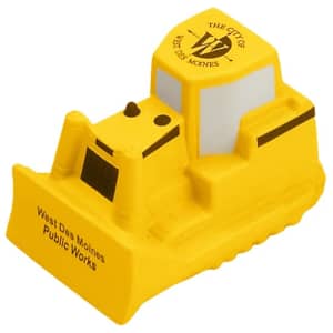 A yellow bulldozer-shaped stress reliever with a branding logo and a detailed design.