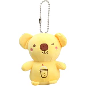 A yellow koala plush keyring with a drink design on its belly, attached to a metal chain.