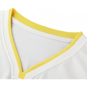 A close-up of a sleeveless sport jersey featuring a curved V-neck design with a white body and yellow trim.