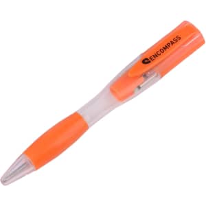 An orange ballpoint pen with a transparent barrel and a silver tip, featuring a logo on its side.
