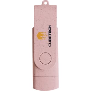 A pink, eco-friendly double-end Type C flash drive with a logo, featuring a swivel design.