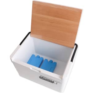 A white cooler box with a wooden lid, featuring two blue ice packs inside. It has a brand logo.