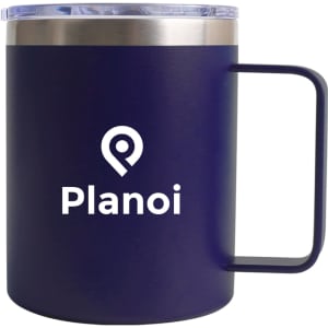 A coloured stainless steel mug in navy with a clear lid and a handle, featuring a logo.