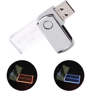 A silver swivel flash drive with a crystal body, featuring logos on both sides.
