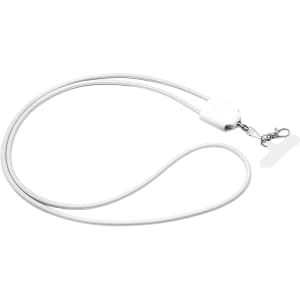 A white lanyard with a clip, designed for charging devices, featuring a compact connector.