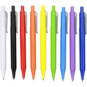 A lineup of plastic pens in white, black, red, orange, yellow, green, blue, and purple, featuring a branding logo.