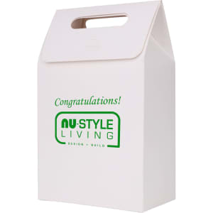 A white die cut handle bag with a green logo and text, featuring a top handle for easy carrying.