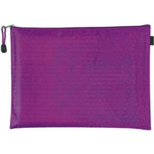 A purple zip bag with a textured pattern, featuring a drawstring closure and a branding logo.