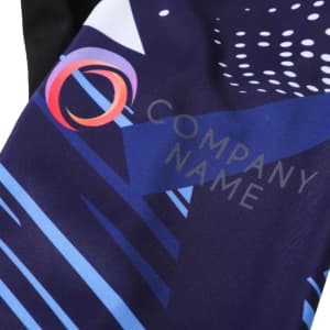 Men's sublimated cycling bib tights in navy blue with abstract designs and a logo.
