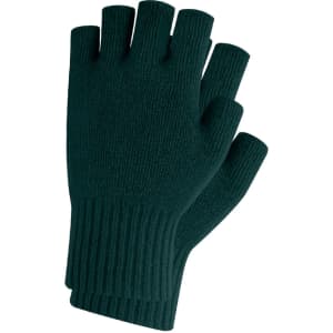 Fingerless gloves in dark green, featuring a ribbed cuff and woven label. Suitable for kids.