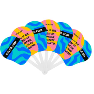 A seven-piece plastic hand fan featuring vibrant blue, pink, yellow, and green designs with a logo.