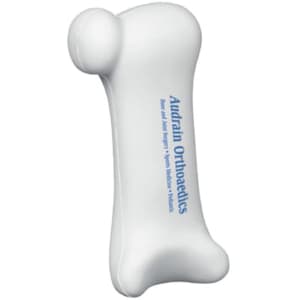 A white human bones-shaped stress reliever featuring a logo, ideal for stress relief and fun.