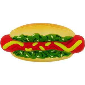 A hot dog-shaped stress reliever in yellow, red, and green, featuring details of lettuce and condiments.
