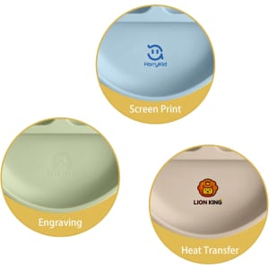 Three silicone kids' suction plates in light blue, green, and beige, each featuring different branding and designs.