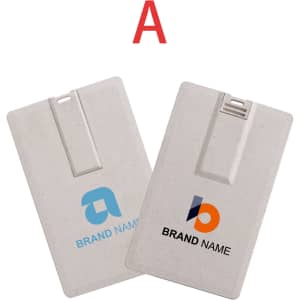 A wheat straw credit card flash drive in light beige, featuring promotional branding on both sides.