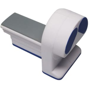 A white and grey scanner machine-shaped stress reliever with blue accents and a branded logo.