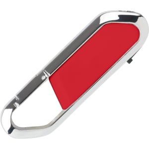 A red and silver mini carabiner flash drive featuring a sleek design and a branding logo.