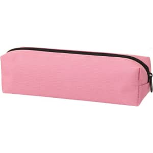 A pink pencil case with a black zip closure, rectangular in shape, featuring a simple design.
