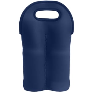 A drink bottle carrier in navy blue neoprene holding two bottles, featuring a handle and a logo.