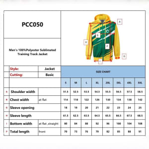 A men's polyester training track jacket in green and yellow, featuring a logo and a unique sublimated design.