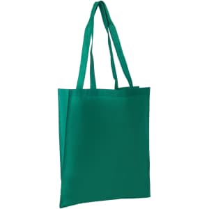 A green non-woven long handle bag with a V gusset and two straps, featuring a logo.