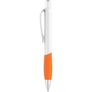 A plastic pen with a creamy white barrel and an orange grip, featuring a logo on the side.