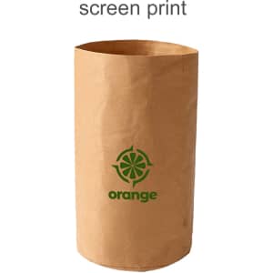 A large, washable kraft paper bag in brown with a green logo printed on the front.